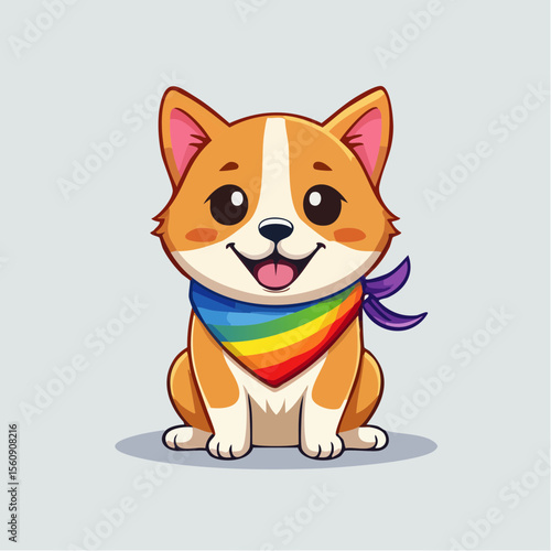 Cute cartoon corgi dog wearing a rainbow scarf, sitting happily against a soft gray background, symbolizing inclusivity and LGBTQ pride in a playful illustration