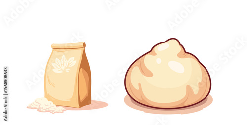 Pack of flour and dough on white background in flat vector style  