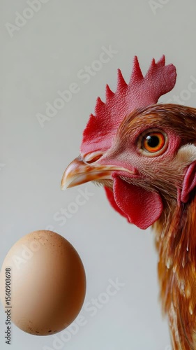 Brown chicken staring at a floating egg against a gray background, surreal concept