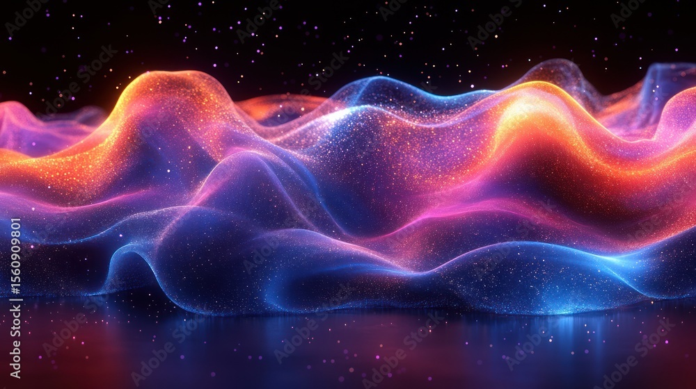 Fototapeta premium Abstract glowing waves, cosmic particles, dark background, digital art, tech visuals