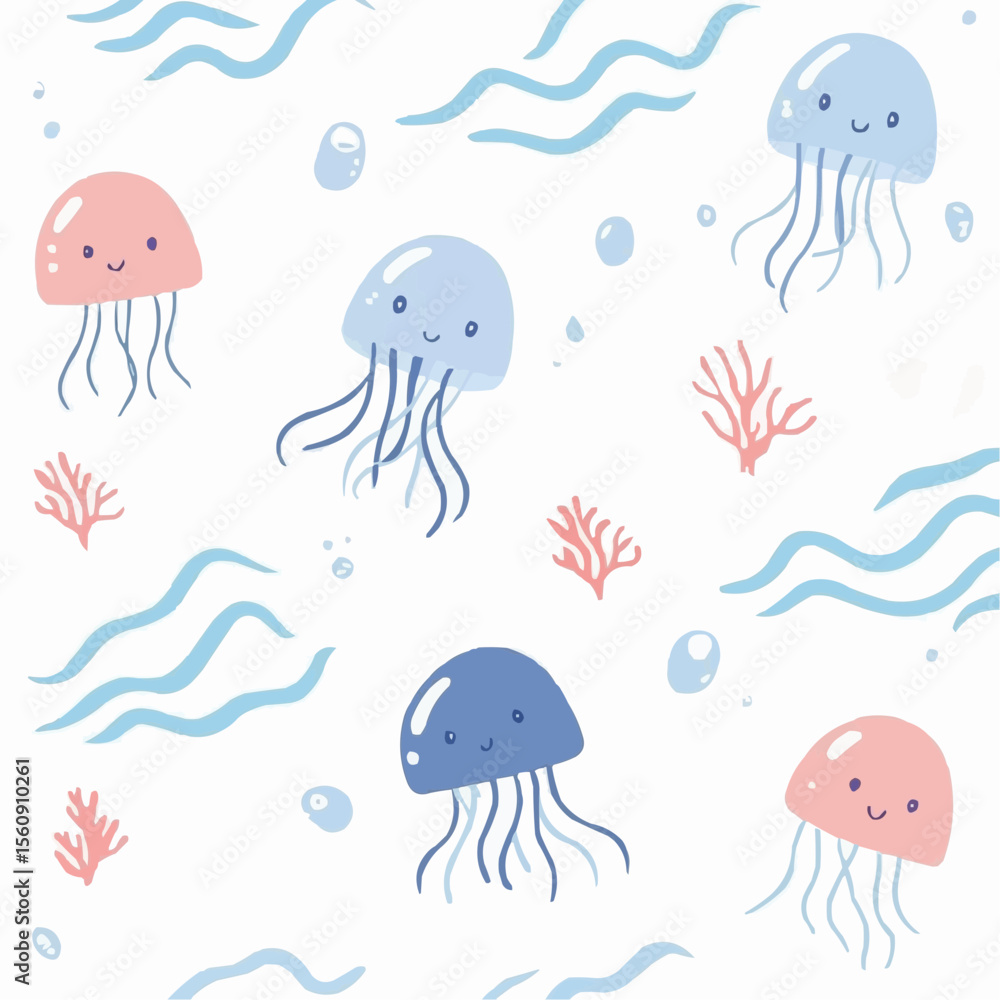 Naklejka premium Flat illustration of cartoon jellyfish floating on a white background with light blue zigzag lines, featuring simplified childlike shapes, perfect for kids decor and underwater-themed packaging