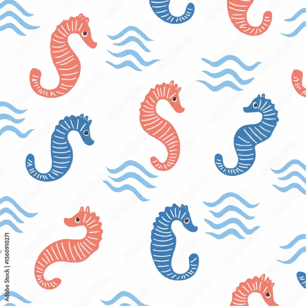 Obraz premium Flat illustration of cartoon seahorses scattered across a white background with light blue zigzag lines, featuring simplified childlike shapes, perfect for summer decor and marine-themed printables