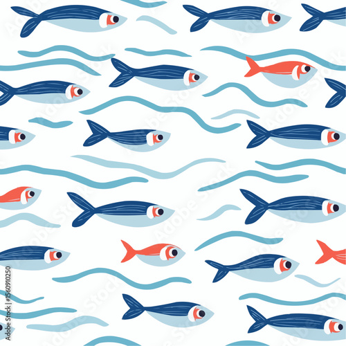 Flat illustration of simple cartoon sardines arranged over a white background with soft blue zigzag wave lines, ideal for packaging, kitchen-themed printables and coastal decoration
