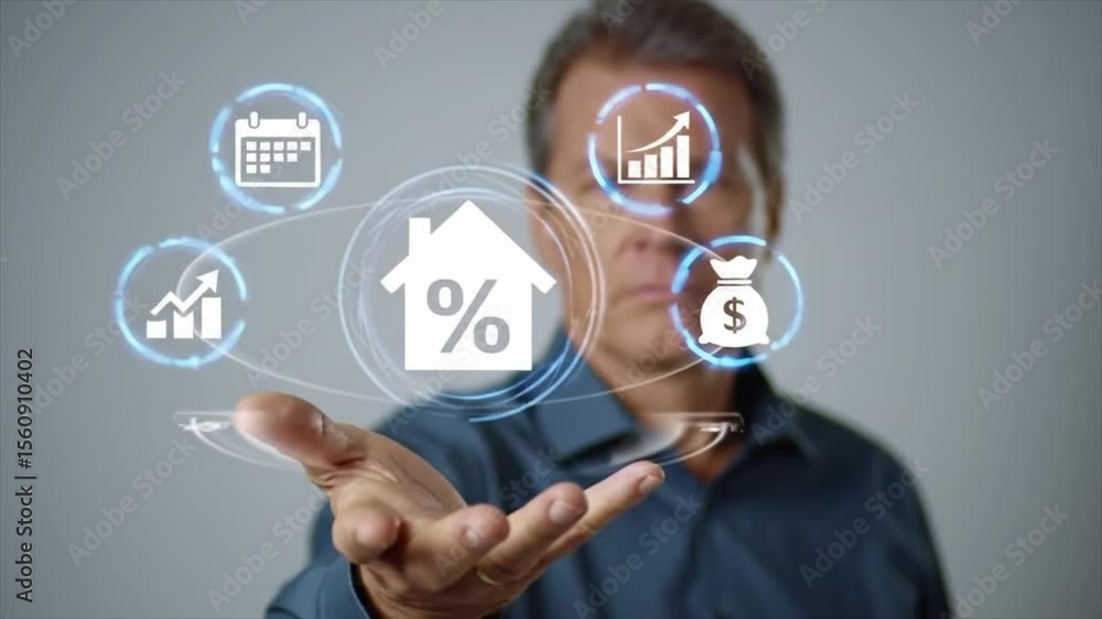 Real estate investment concept with businessman analyzing rising interest rates and housing market trends, showing financial growth, property value, mortgage data, and economic opportunity in business Real estate investment concept with businessman analyzing rising interest rates and housing market trends, showing financial growth, property value, mortgage data, and economic opportunity in business