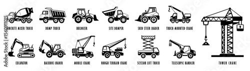 Construction vehicles icon set with various machinery for industry design