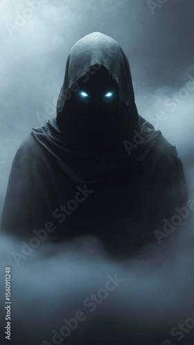 Mysterious hooded figure with glowing eyes emerging from smoky shadows