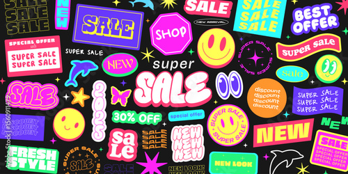 Cool Sale Stickers Groovy Collage. Funky Retro Pop Art Promo Patches. Y2k Geometric Labels.