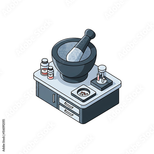 Mortar and pestle on pharmacy lab table.