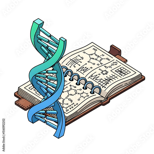 DNA helix and book showing genetic research.