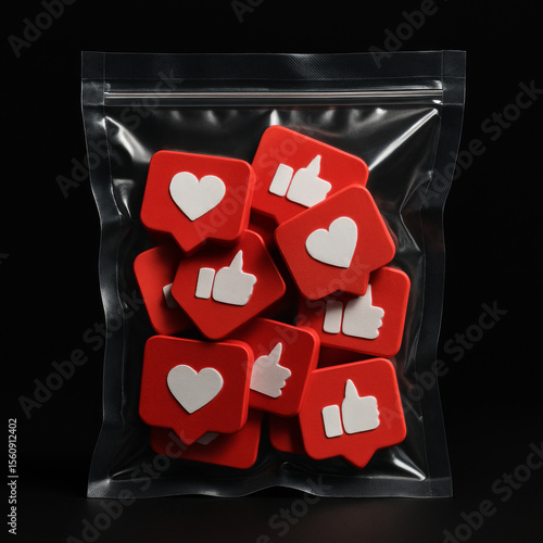 Vacuum Sealed Bag Filled with Social Media Likes and Hearts Icons made by hand on Black Background.