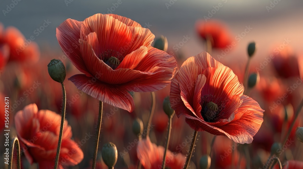 Obraz premium Serene Sunset Poppy Field: Delicate Petals in Golden Hour Light