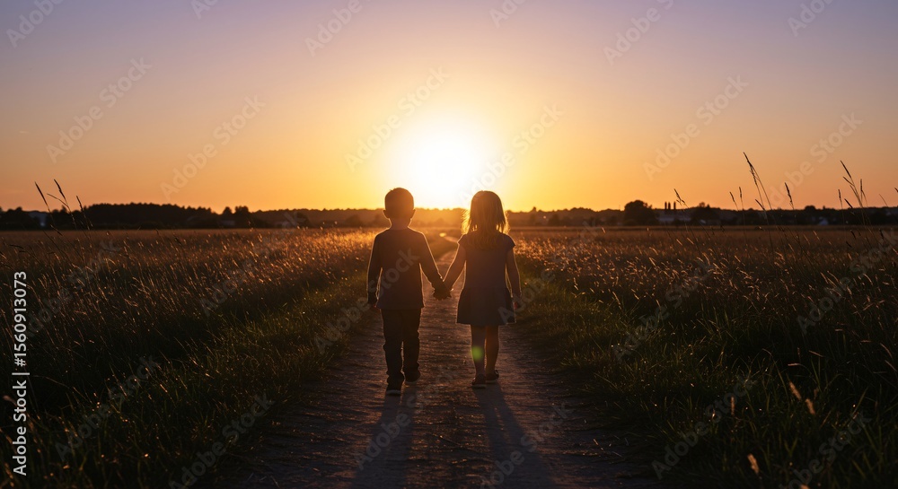 Fototapeta premium Silhouetted Kids Siblings Holding Hands on a Rural Path at Sunset