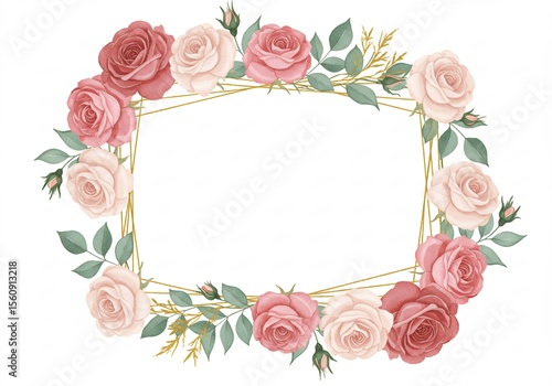Elegant Pink and Red Rose Floral Frame with Gold Geometric Border Perfect for Wedding Invitations, Announcements, or Greeting Cards