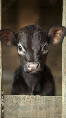 Adorable black calf staring curiously through wooden barn enclosure