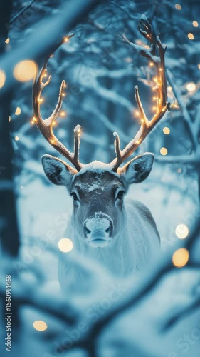 Reindeer with snow-covered antlers and glowing lights in winter forest