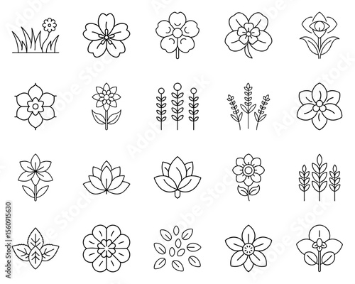 Vector icon set of flowers in black silhouette style for decoration