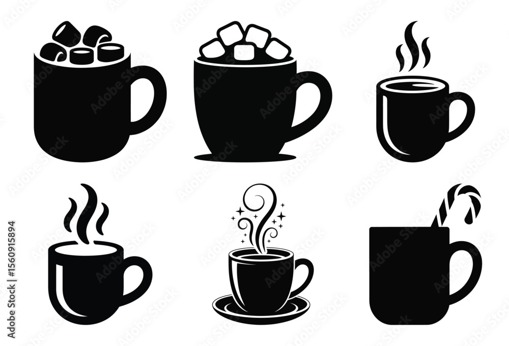 Obraz premium Collection of hot beverage mugs with marshmallows and candy cane silhouette isolated on white background