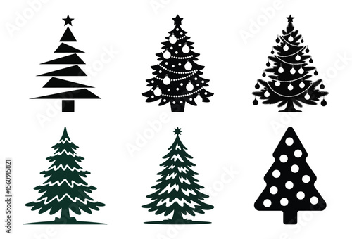 Collection of six christmas tree silhouettes isolated on white background