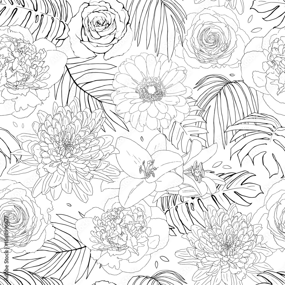 custom made wallpaper toronto digitalSeamless black and white floral pattern with tropical leaves and various blooming flowers in hand-drawn line art style