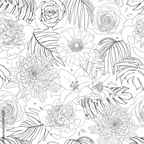 Wallpaper Mural Seamless black and white floral pattern with tropical leaves and various blooming flowers in hand-drawn line art style Torontodigital.ca