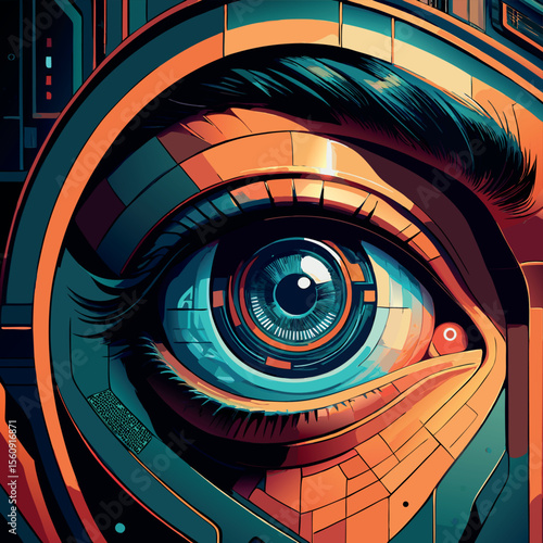 Intricate close-up of a robotic eye showcasing futuristic technology and vibrant colors in a cybernetic setting Generative AI