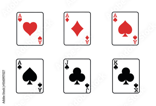 Playing Cards Displaying Ace, Jack and King of Various Suits on White Background