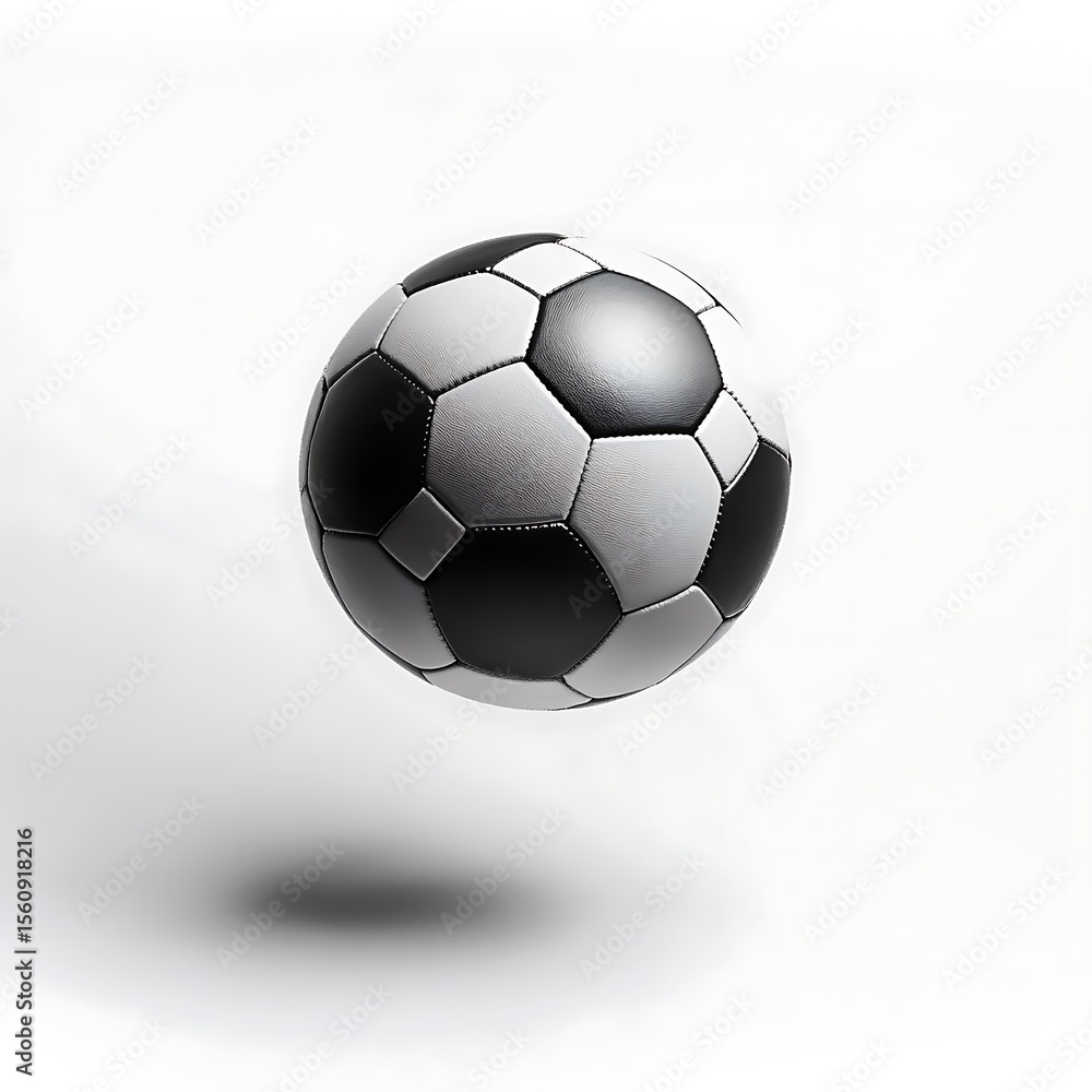 Fototapeta premium Bola de futebol, gomos preto e branco. Flutuado no ar, isolado em fundo branco. Futebolístico, partida, game, jogo de contato.