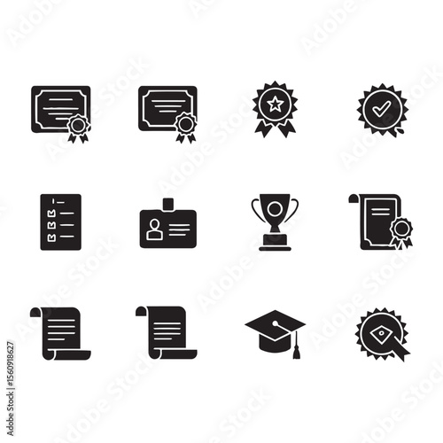 Graduation and Certification Icons Diplomas, Trophies, Medals, Stars, ID Badges & Academic Caps