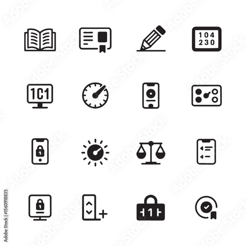 Online Exam and Assessment Icons Book, ID, Timer, Speedometer, Lock, Scales, Checklist & 2FA Symbols