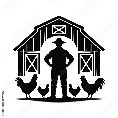 Farmer with chickens and barn silhouette isolated on white background