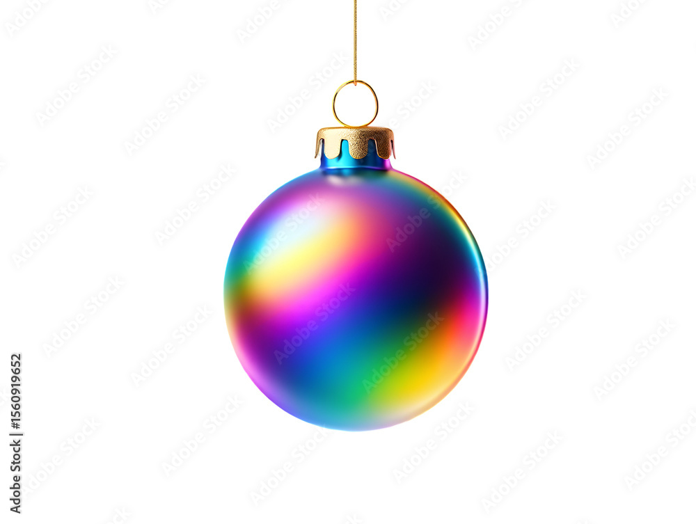 Fototapeta premium Iridescent Christmas Ornament with Golden Cap Hanging on String isolated on a transparent background