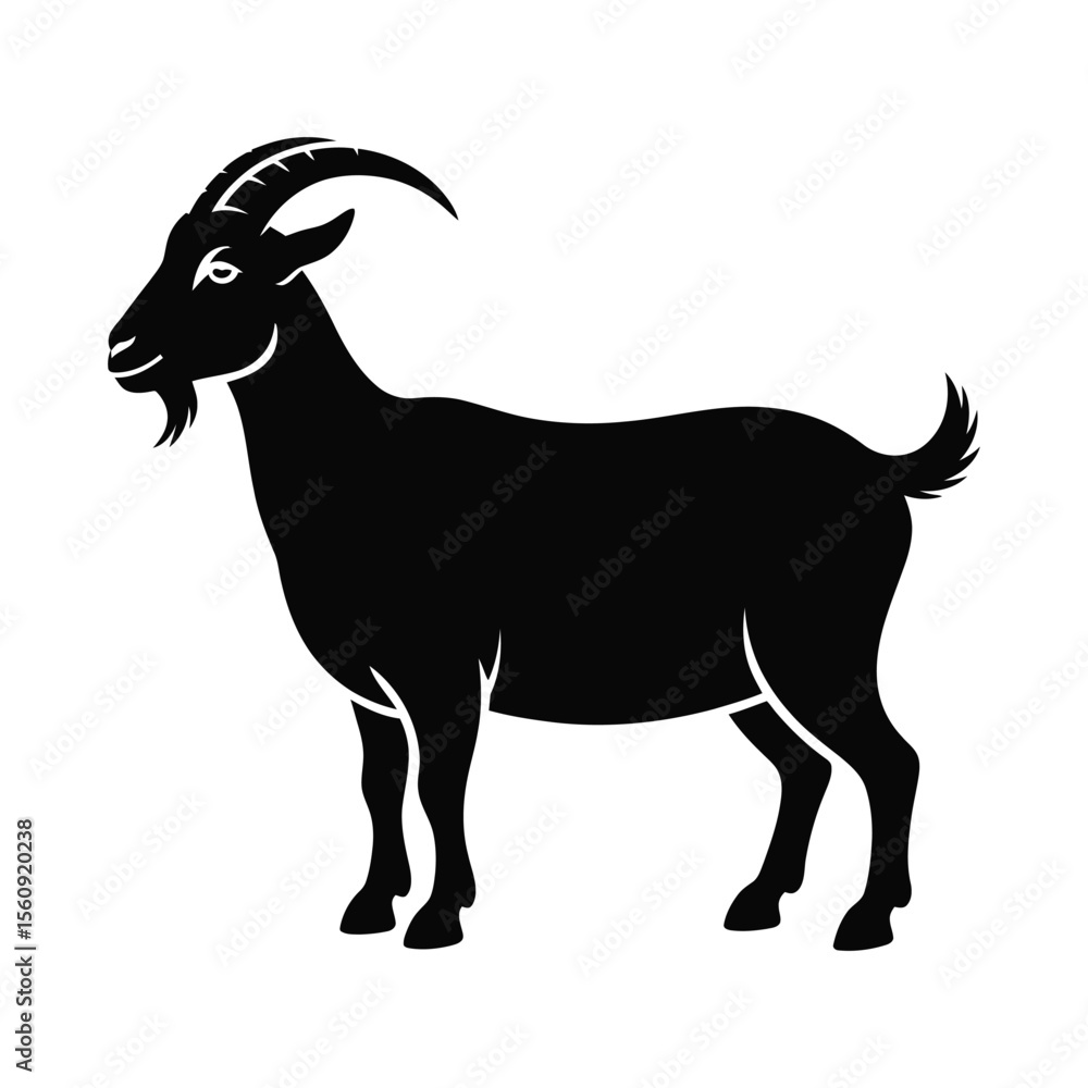 Fototapeta premium Black silhouette of a standing goat with horns isolated on white background silhouette