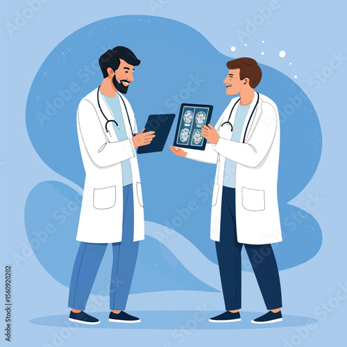 Two doctors discussing brain mri scan results for diagnosis and treatment planning in hospital setting