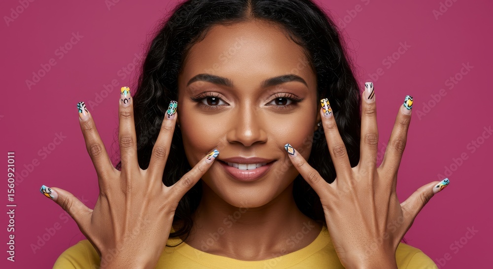 Obraz premium Portrait of a smiling woman showing her colorful nail art design on both hands, pink background, beauty and manicure concept.