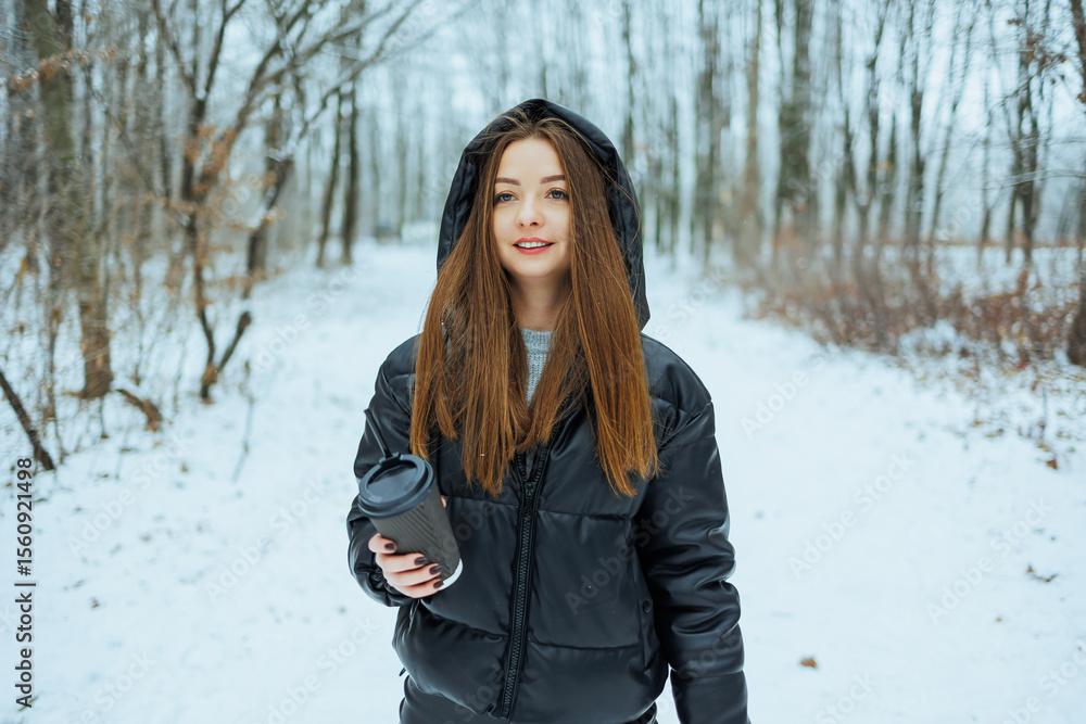 A young woman enjoys a peaceful winter walk in a snowy forest, with a warm coffee cup, surrounded by tall trees and beautiful nature, soaking in the serene atmosphere of the season A young woman enjoys a peaceful winter walk in a snowy forest, with a warm coffee cup, surrounded by tall trees and beautiful nature, soaking in the serene atmosphere of the season