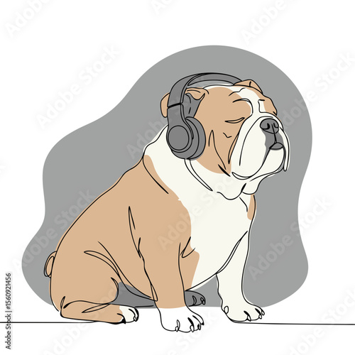 Bulldog dog animal listening to music with closed eyes and earphone. Chill meditation and relaxation concept. Vector illustration for greeting card, poster