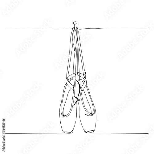 Ballet pointe shoes hanging on a nail in one line art drawing style. Dance, elegance, and art concept. Minimalist vector illustration