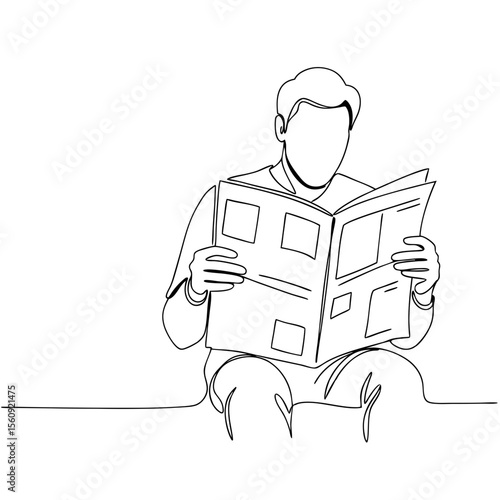 Man reading newspaper in one continuous line drawing. Minimalistic concept design. Vector illustration for daily news, press, communication, information