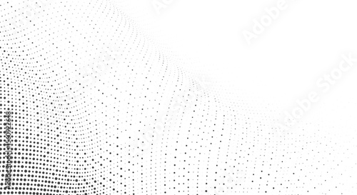 Abstract wave pattern of black dots on a white background with varying sizes

