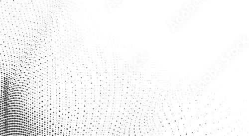 Abstract wave pattern of black dots of varying sizes on a white background