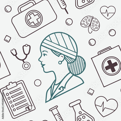 Female doctor profile with medical icons seamless pattern healthcare vector illustration