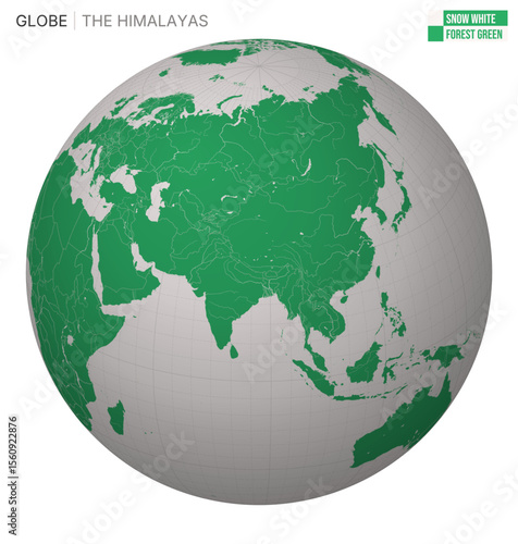 Vector Globe centered to The Himalayas. Snow White Forest Green palette. World map with meridians, parallels, countries, rivers and lakes. Captivating vector illustration.