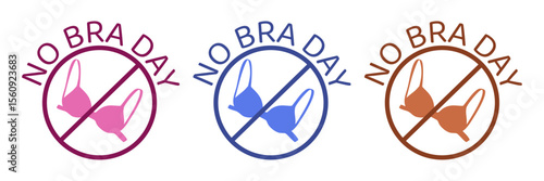 Colorful No Bra Day icons in flat symbol style with bras and diagonal slash, transparent background for awareness use.

