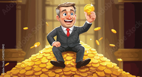 Happy Businessman Sitting on a Pile of Gold Coins