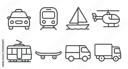Transport icon set. linear transport modes: car, train, boat, helicopter, vector icons