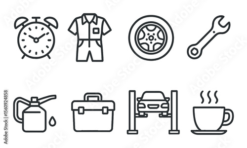 Garage tool set. automotive repair silhouette icons. wrench, tire, car, clock vector icons.