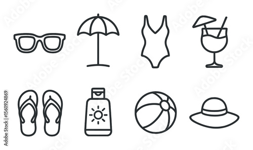 Beach vacation set. summer silhouette icons: sunglasses, umbrella, swimsuit, cocktail vector icons.