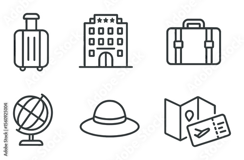 Travel icon set. vacation essentials linear icons: luggage, hotel, globe, hat, map vector icons.