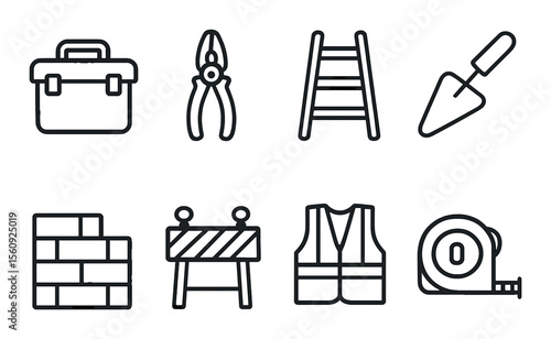 Construction tool set. linear tools: toolbox, pliers, ladder, trowel, bricks vector icons.