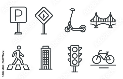 Urban transport icon set. city travel linear pictograms. parking, bridge, scooter, bicycle vector icons.